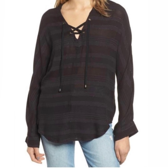 Rails Lily Tel Aviv Stripe Metallic Lace Up Pullover Blouse - Picture 1 of 7